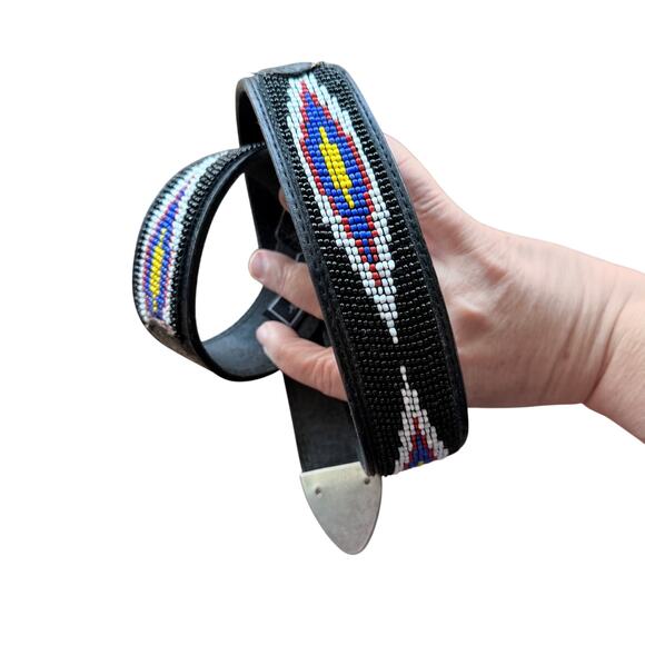 Billy belts of California black tooled leather belt with beadwork southwest 30 main image 4